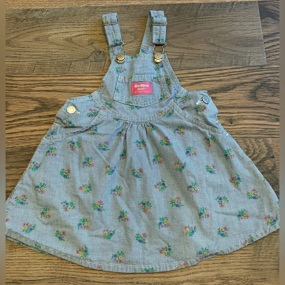 Oshkosh B'Gosh Floral Plaid BlueDress Overall 3T USA Vestbak‎ Jumper Gingham VTG